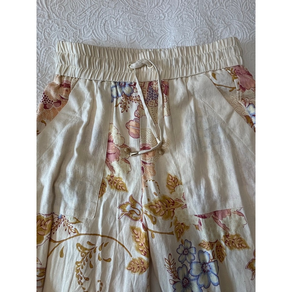 House of Harlow 1960 Linen Blend Floral Boho Wide Leg Pants Cream Small